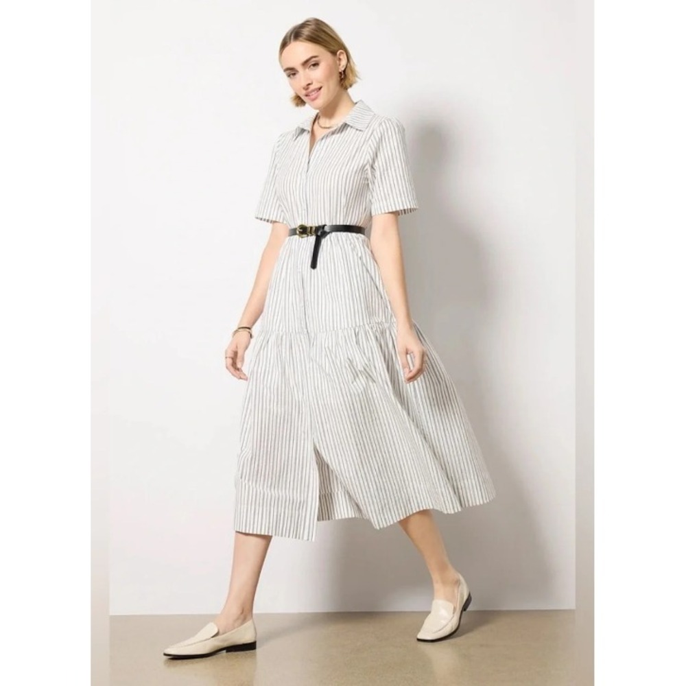 Evereve Ella Midi Cotton Tiered Shirt Dress M Striped Button Front Pockets